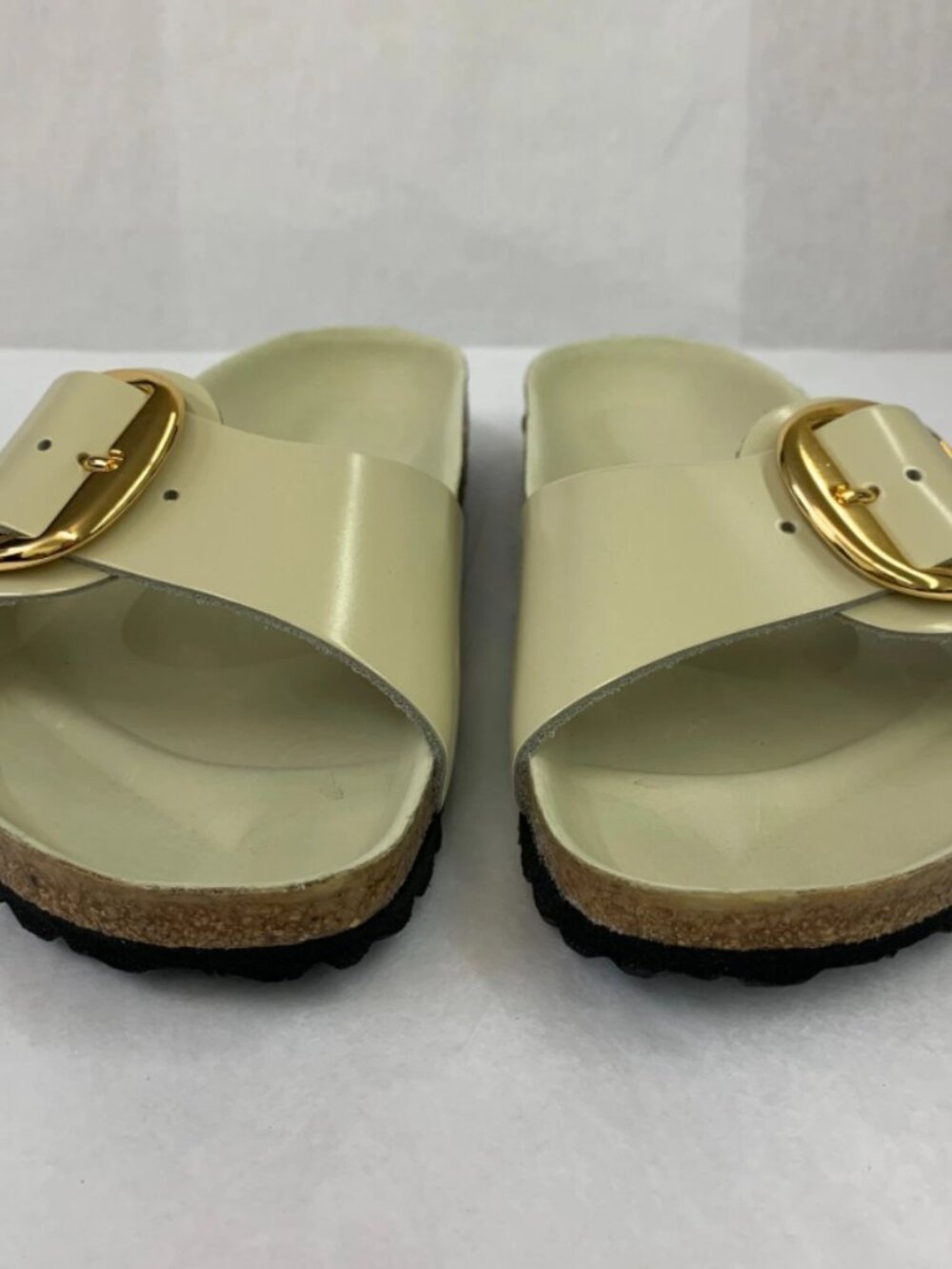 Birkenstock Madrid Big Buckle High Shine Ecru Natural Leather Patent Narrow